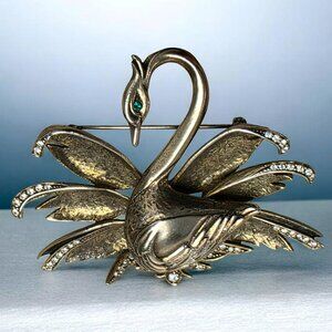 Vintage Swan Brooch Rhinestones Figural Bird Pin Mid Century Statement Gold-Tone